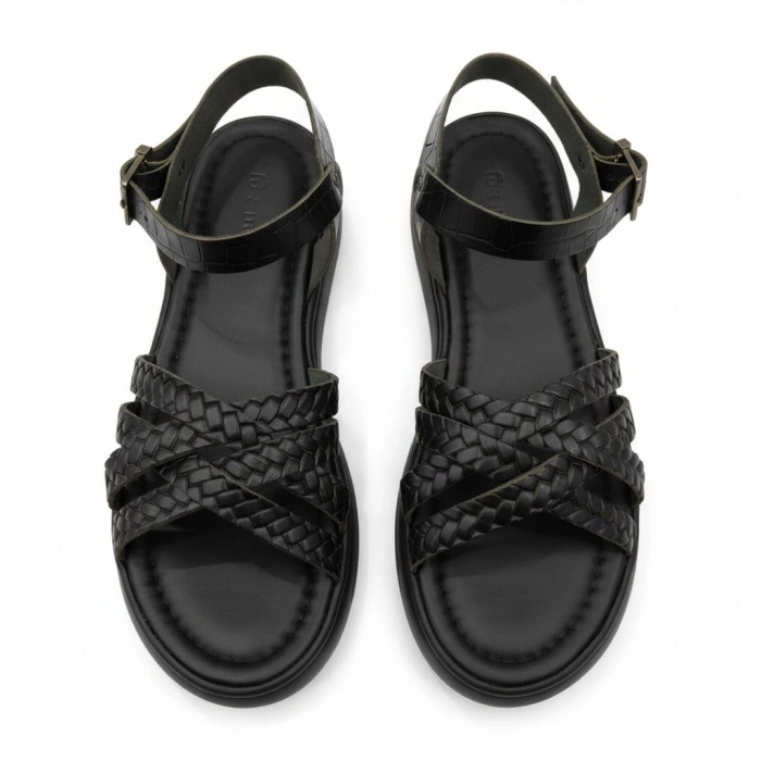 EFW %100 Hakiki Deri Siyah Çapraz Saç Örgülü Kadın Sandalet