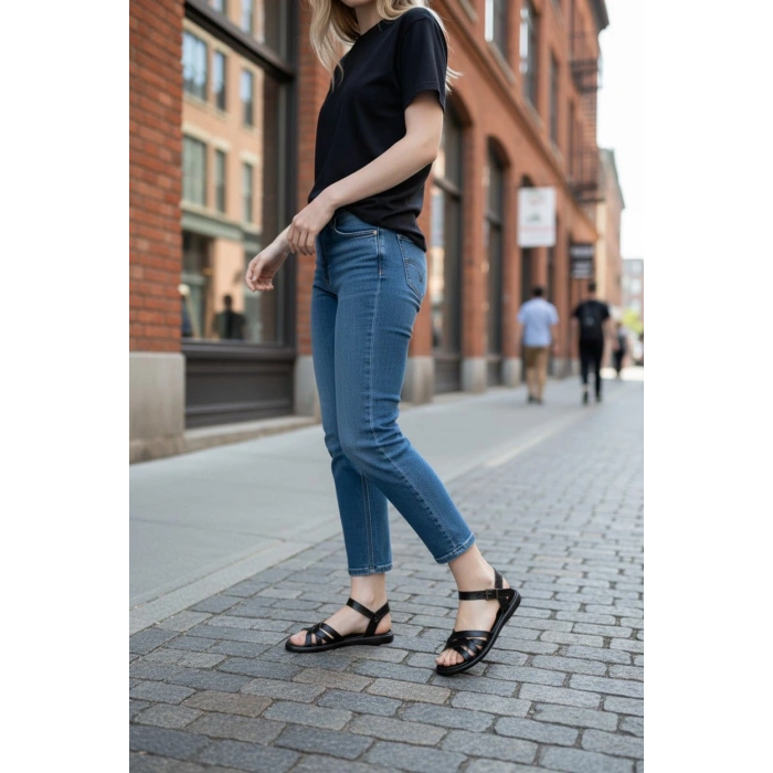 EFW %100 Hakiki Deri Siyah Çapraz Saç Örgülü Kadın Sandalet