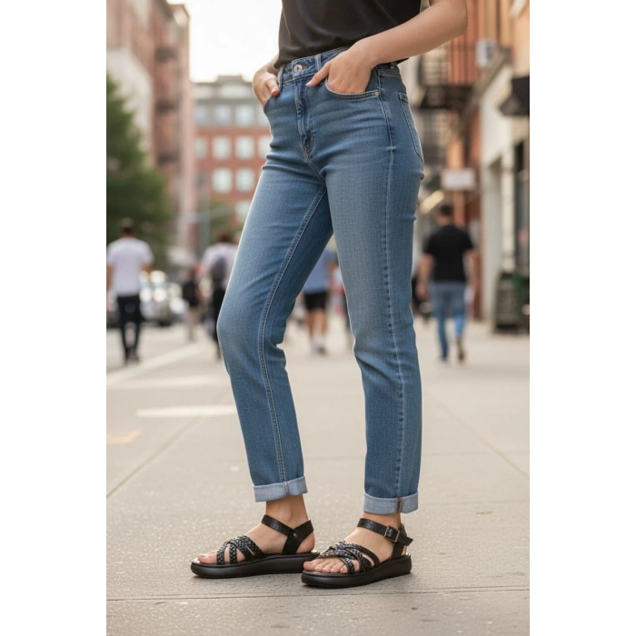 EFW %100 Hakiki Deri Siyah Çapraz Saç Örgülü Yüksek Topuk Kadın Sandalet