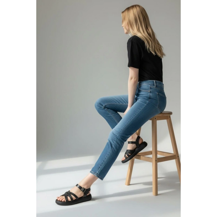 EFW %100 Hakiki Deri Siyah Çapraz Saç Örgülü Yüksek Topuk Kadın Sandalet