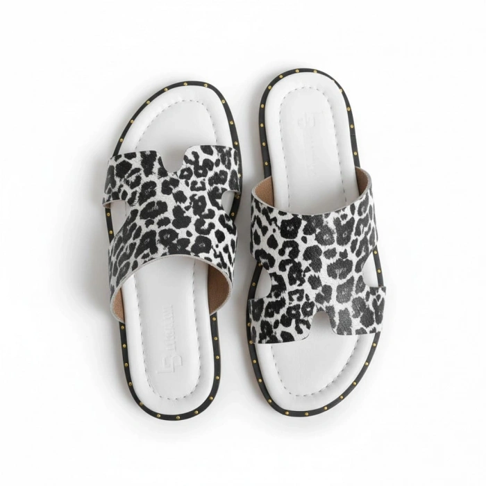 EFW %100 Hakiki Deri Leopar  Beyaz  Kadın Terlik