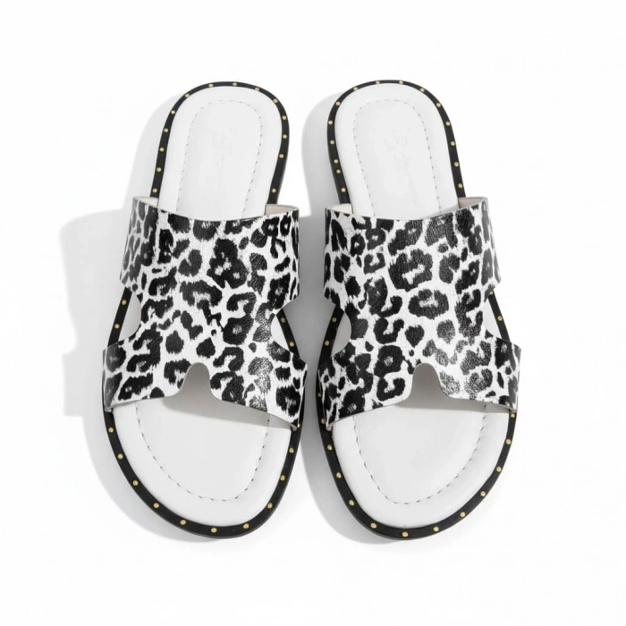 EFW %100 Hakiki Deri Leopar  Beyaz  Kadın Terlik