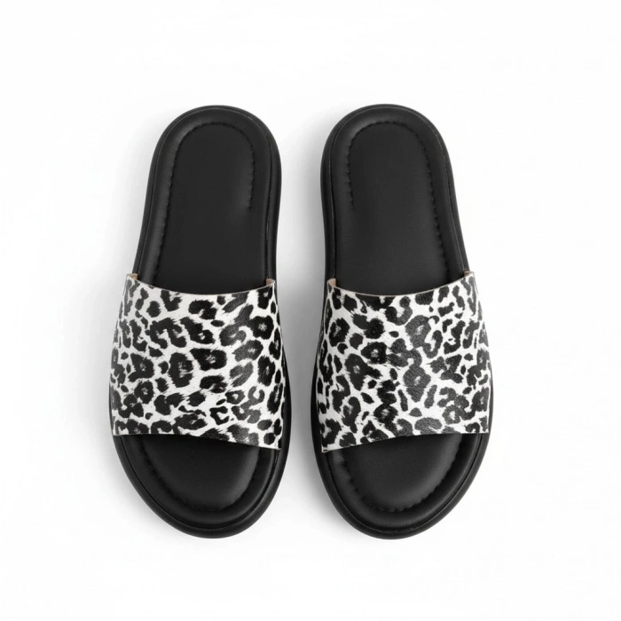 EFW %100 Hakiki Deri Leopar Siyah Kadın Terlik