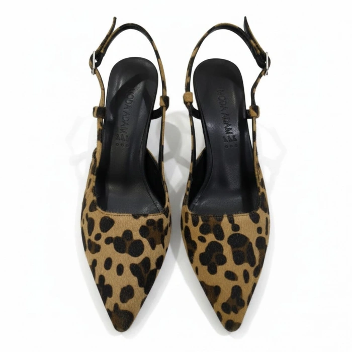Leopar Desenli Sivri Burun Bilek Kemerli Kadın Topuklu Ayakkabı