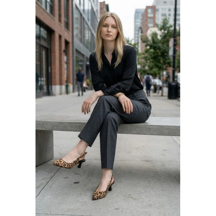 EFW Sivri Burun Leopar Alçak Topuk Kadın Ayakkabı