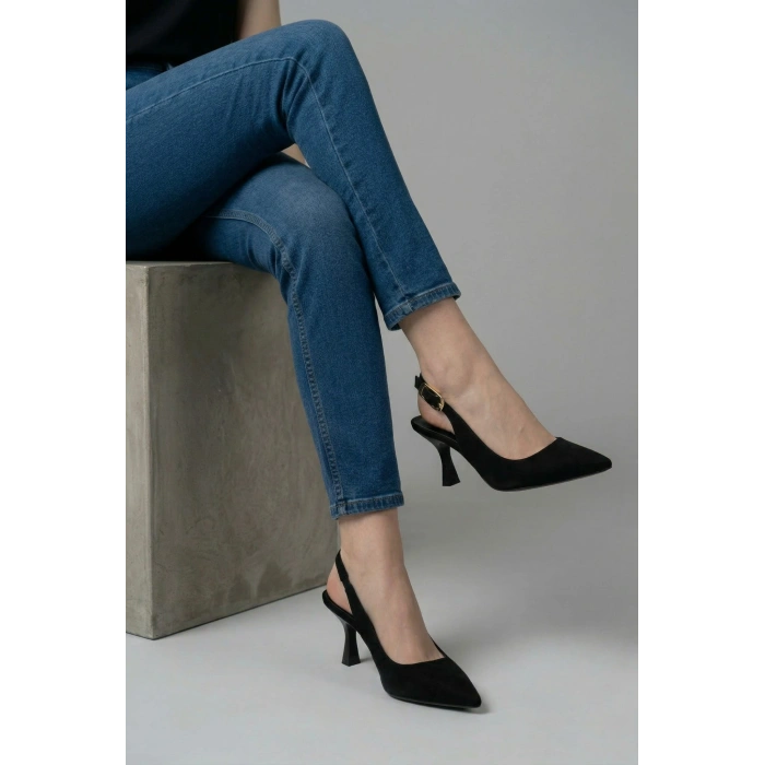 EFW Sivri Burun Siyah Süet Alçak Topuk Kadın Ayakkabı