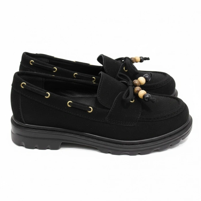 Kadın Yüksek Kaymaz Taban Siyah Süet Boncuklu Bağcıklı Loafer Oxford Ayakkabı