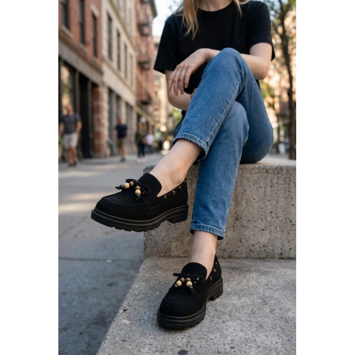 Kadın Yüksek Kaymaz Taban Siyah Süet Boncuklu Bağcıklı Loafer Oxford Ayakkabı