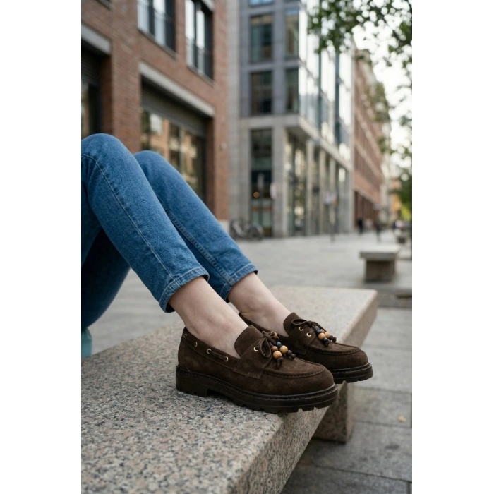 Kadın Yüksek Kaymaz Taban Kahve Süet Boncuklu Bağcıklı Loafer Oxford Ayakkabı