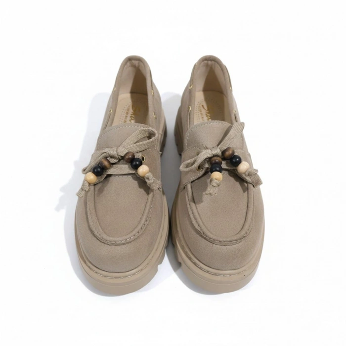 Kadın Yüksek Kaymaz Taban Bej Süet Boncuklu Bağcıklı Loafer Oxford Ayakkabı
