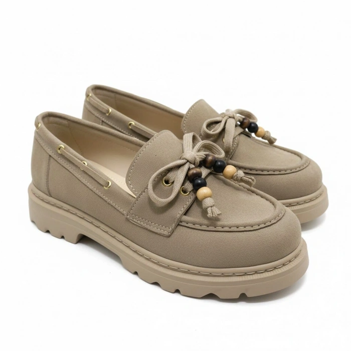 Kadın Yüksek Kaymaz Taban Bej Süet Boncuklu Bağcıklı Loafer Oxford Ayakkabı
