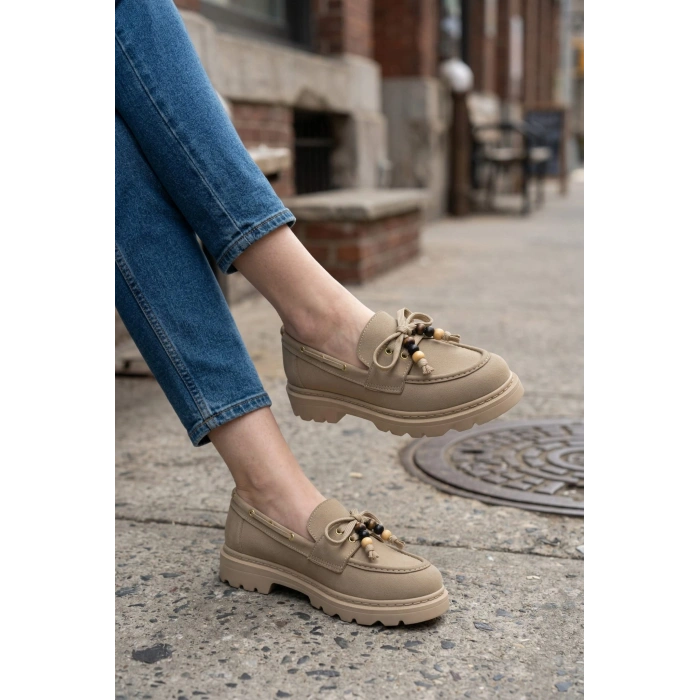 Kadın Yüksek Kaymaz Taban Bej Süet Boncuklu Bağcıklı Loafer Oxford Ayakkabı