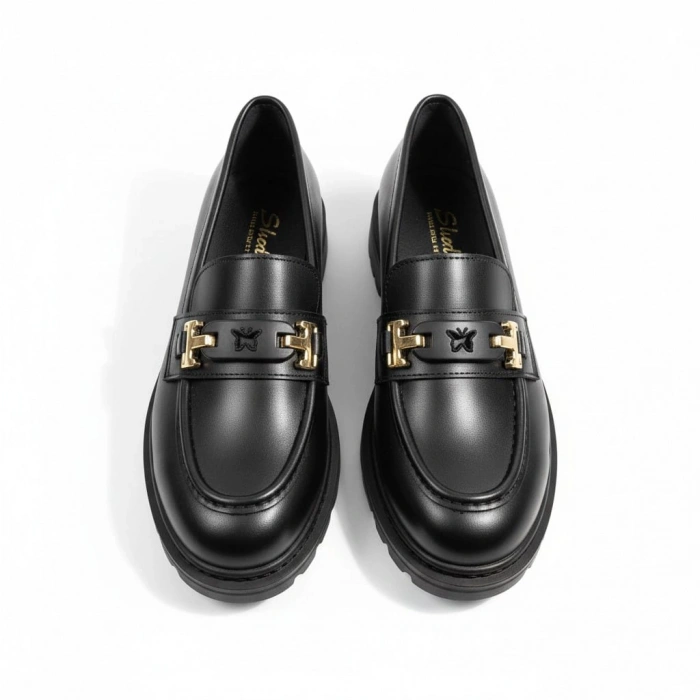 Kadın Yüksek Kaymaz Taban Siyah Suni Deri Loafer Oxford Ayakkabı