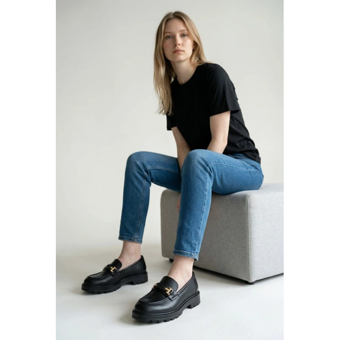 Kadın Yüksek Kaymaz Taban Siyah Suni Deri Loafer Oxford Ayakkabı