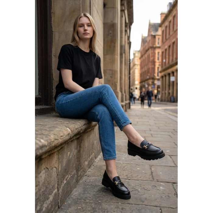 Kadın Yüksek Kaymaz Taban Siyah Suni Deri Loafer Oxford Ayakkabı