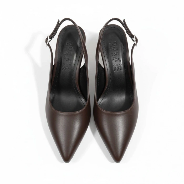 Kahve Deri Sivri Burun Arka Açık Topuklu Kadın Ayakkabı