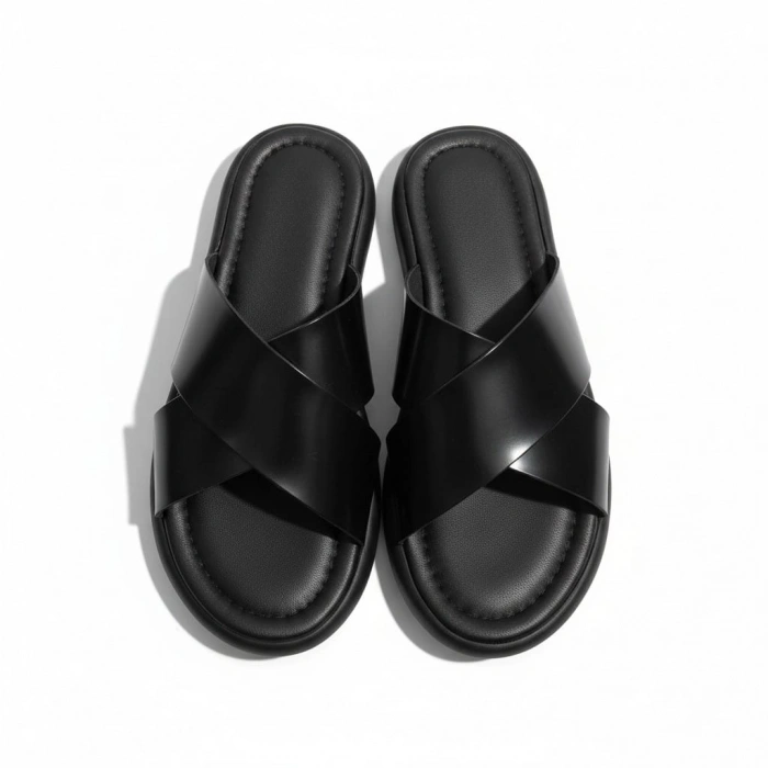 EFW %100 Hakiki Deri Siyah Rugan Çapraz Terlik