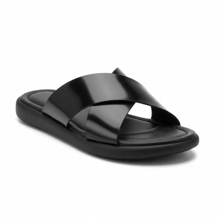 EFW %100 Hakiki Deri Siyah Rugan Çapraz Terlik