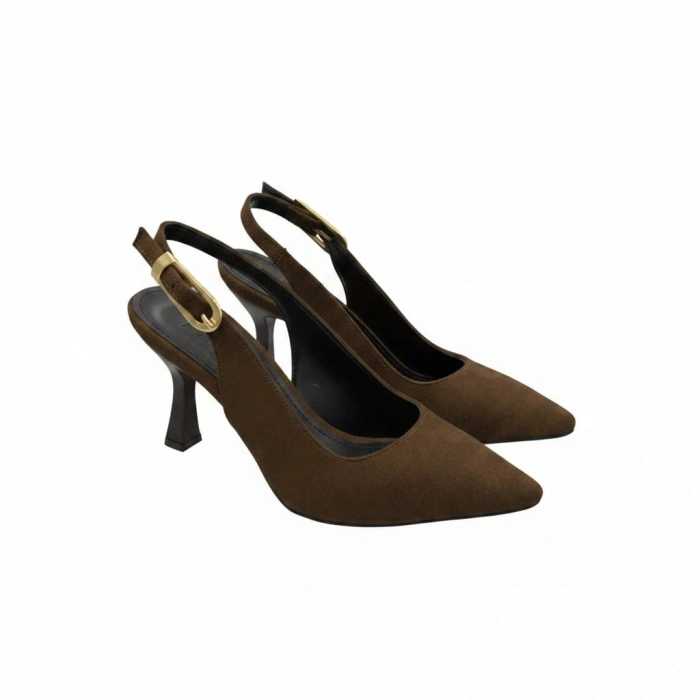 Kahve Süet Sivri Burun Arka Açık Topuklu Kadın Ayakkabı