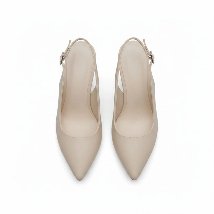 Bej Deri Sivri Burun Arka Açık Topuklu Kadın Ayakkabı