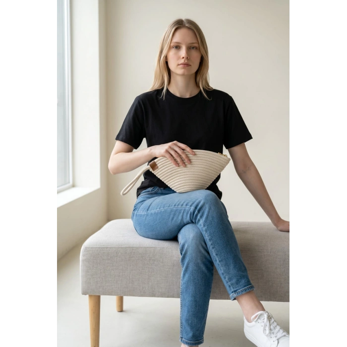 Rome Handmade Hasır Clutch Çanta Bej