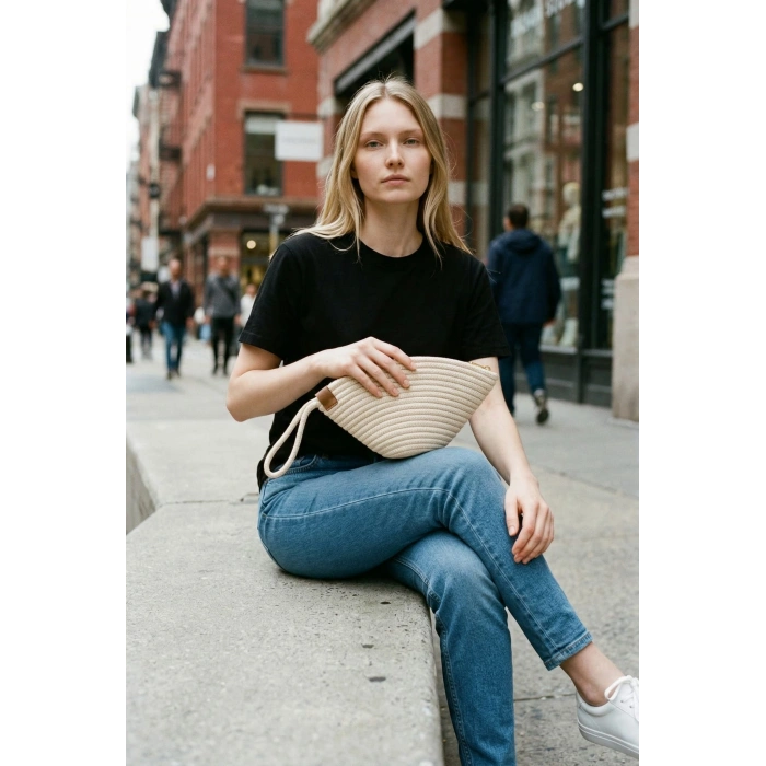 Rome Handmade Hasır Clutch Çanta Bej