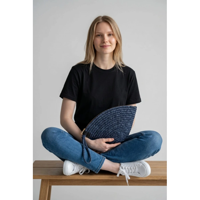 Rome Handmade Hasır Clutch Çanta Lacivert