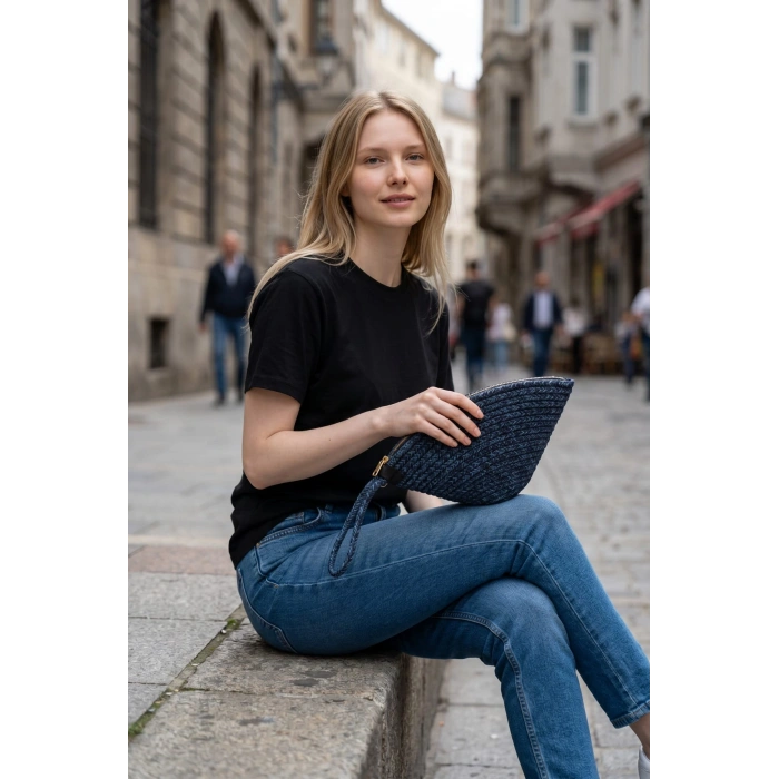 Rome Handmade Hasır Clutch Çanta Lacivert