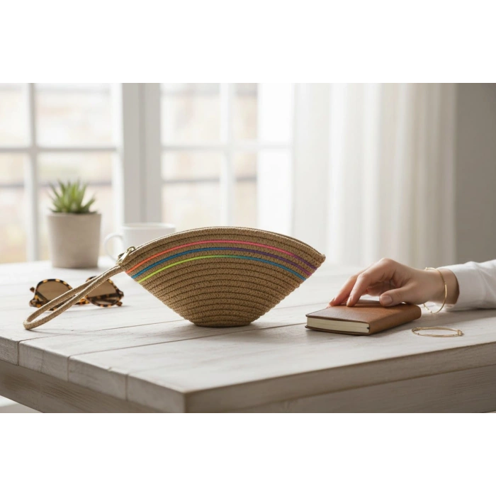 Rome Handmade Hasır Renkli Şerit Detaylı Clutch Çanta