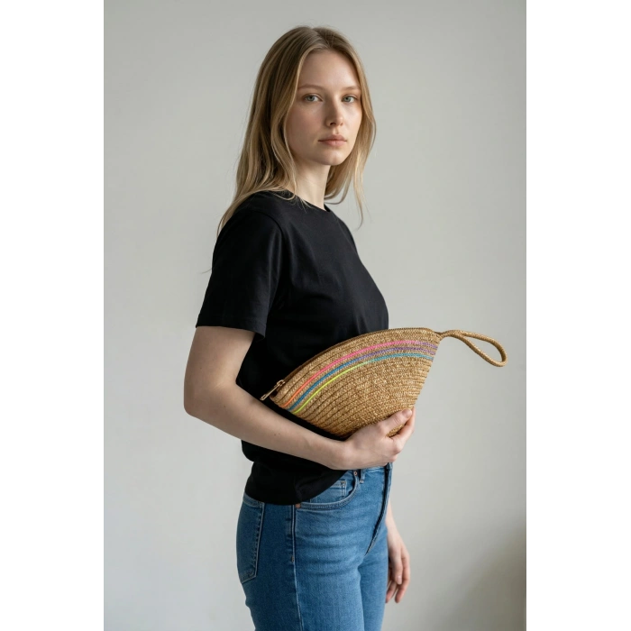 Rome Handmade Hasır Renkli Şerit Detaylı Clutch Çanta