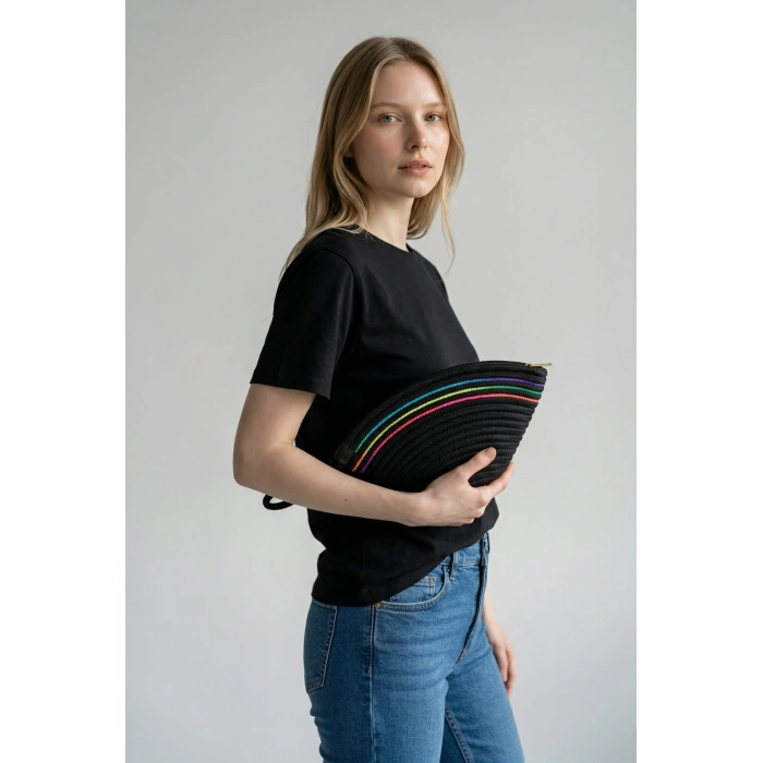 Rome Handmade Hasır Renkli Şerit Detaylı Clutch Siyah Çanta