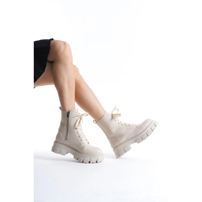 Abra Bej Deri Bağcıklı Yandan Fermuarlı Kadın Postal Bot