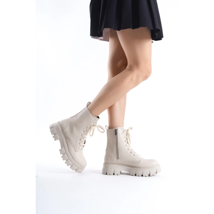 Abra Bej Deri Bağcıklı Yandan Fermuarlı Kadın Postal Bot