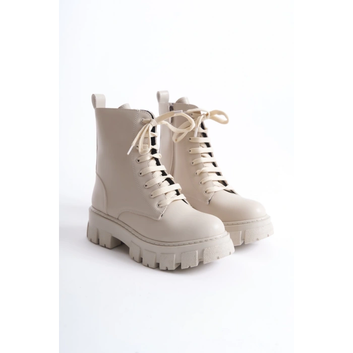 Abra Bej Deri Bağcıklı Yandan Fermuarlı Kadın Postal Bot