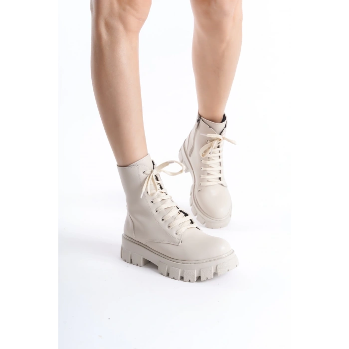 Abra Bej Deri Bağcıklı Yandan Fermuarlı Kadın Postal Bot