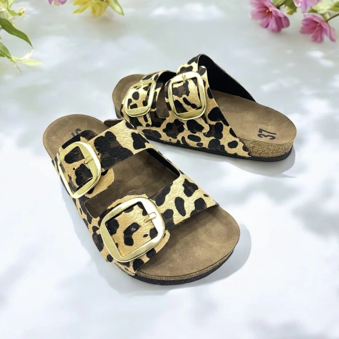 Anetta Kadın Kalın Çift Toka Leopar Terlik