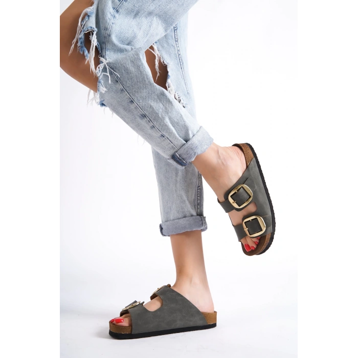 Anetta Kadın Kalın Çift Toka Haki Terlik