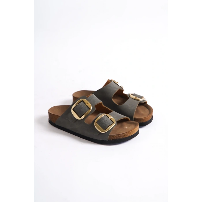 Anetta Kadın Kalın Çift Toka Haki Terlik