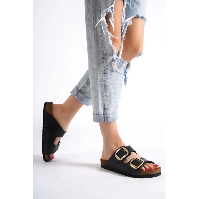 Anetta Kadın Kalın Çift Toka Siyah Terlik