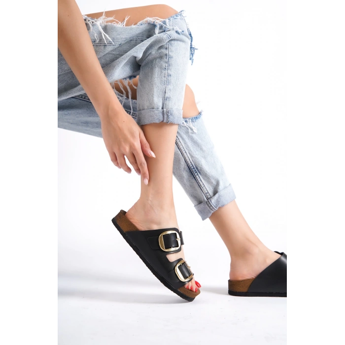 Anetta Kadın Kalın Çift Toka Siyah Terlik