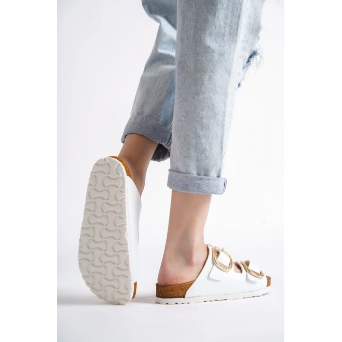 Anetta Kadın Kalın Çift Toka Beyaz Terlik