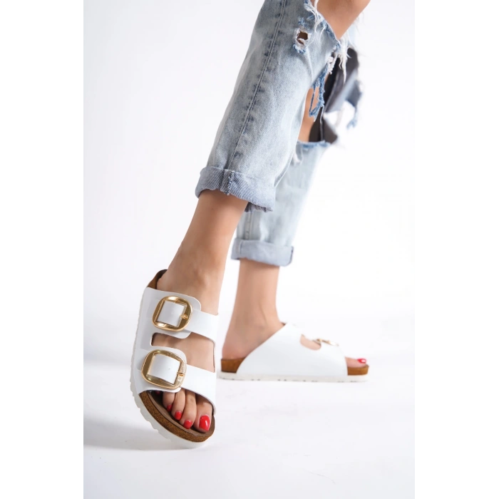 Anetta Kadın Kalın Çift Toka Beyaz Terlik