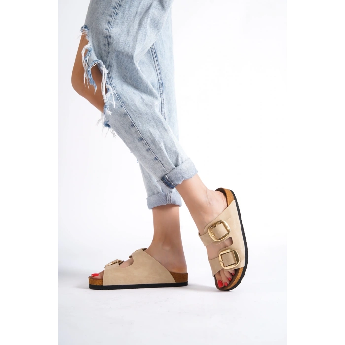 Anetta Kadın Kalın Çift Toka Krem Terlik