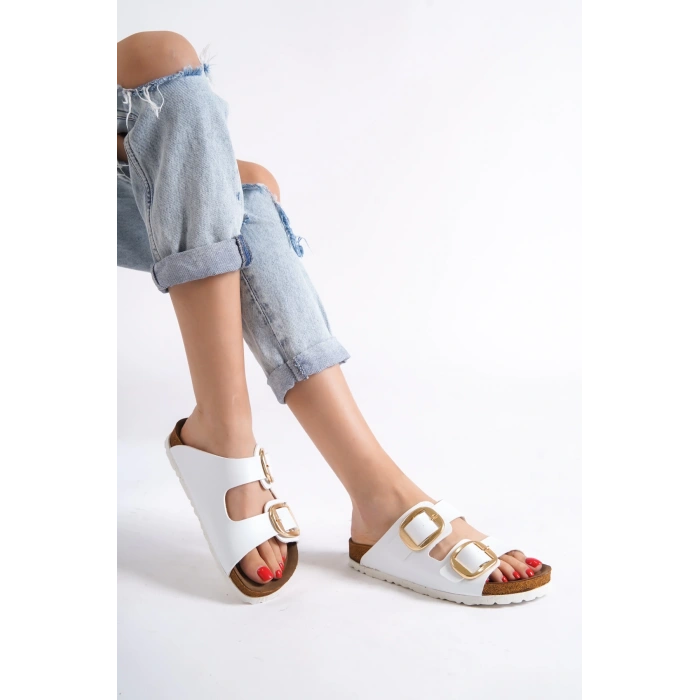 Anetta Kadın Kalın Çift Toka Beyaz Terlik