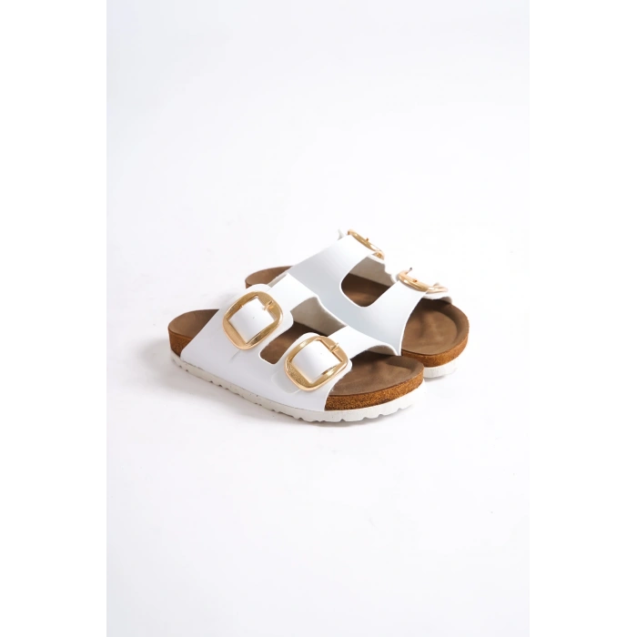 Anetta Kadın Kalın Çift Toka Beyaz Terlik