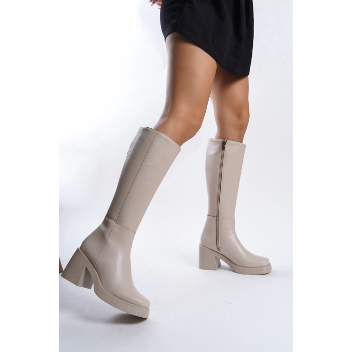 Ava Küt Burun Platform Topuklu Çizme Bej