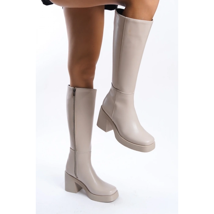 Ava Küt Burun Platform Topuklu Çizme Bej