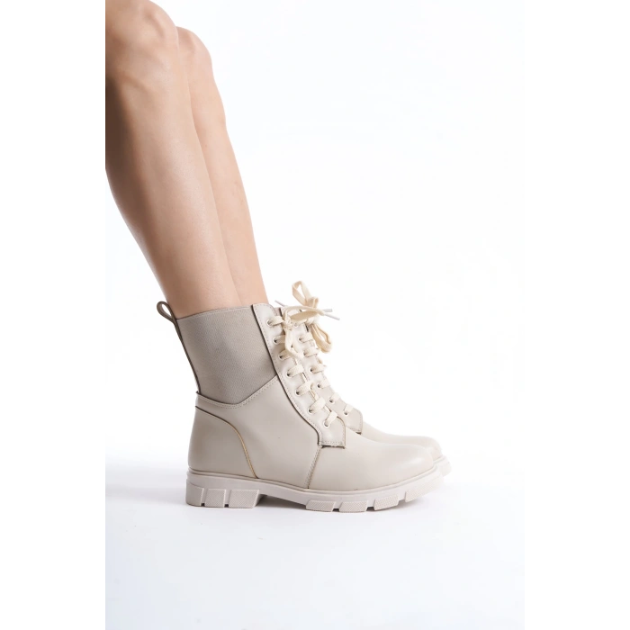 Bellance Kadın Lastikli Postal Bot Tırtıklı Taban Bağcıklı Bej