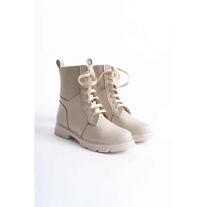 Bellance Kadın Lastikli Postal Bot Tırtıklı Taban Bağcıklı Bej