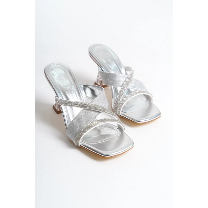 Cindy Kadın Taşlı Bantlı Şeffaf Topuk Gümüş Terlik